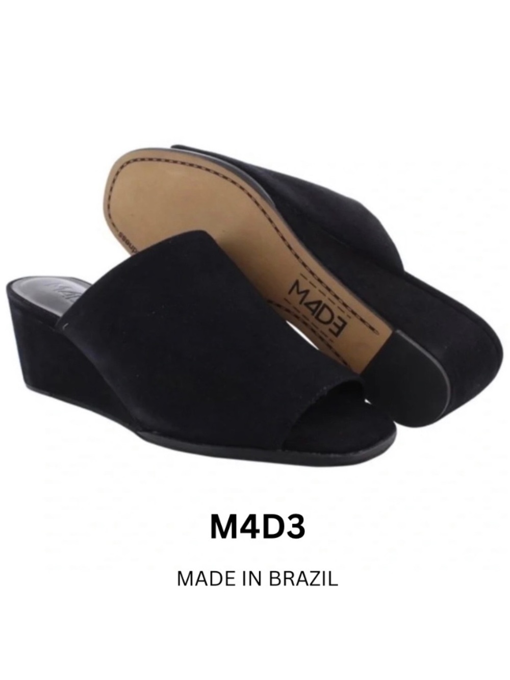 Black Suede Mules Open Toe Black Leather Wedge Sandals MADE IN BRAZIL